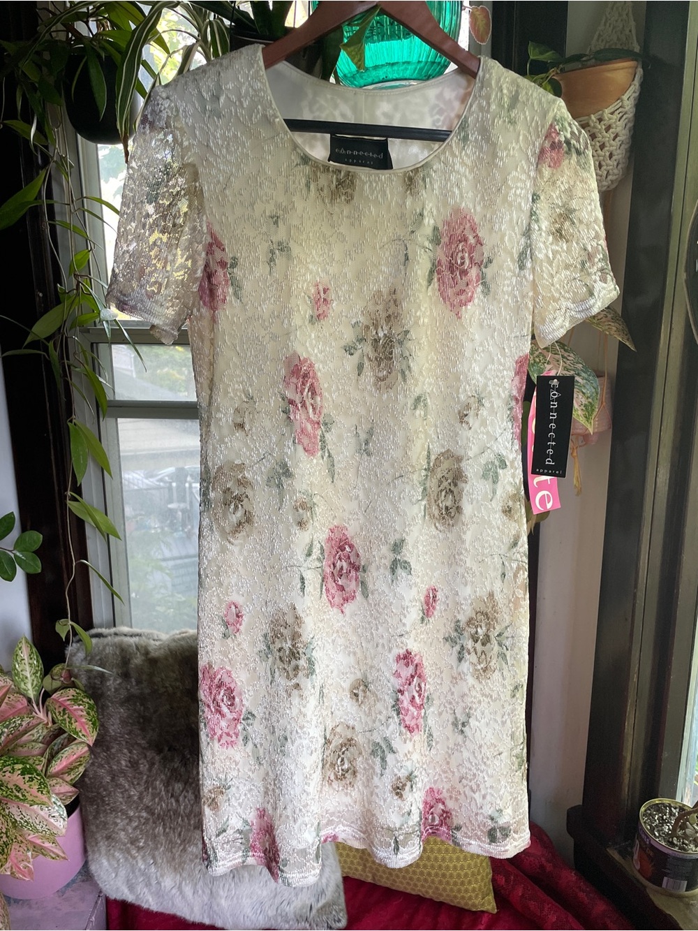 90s White Floral Mini-Dress with Lace Overlay, S